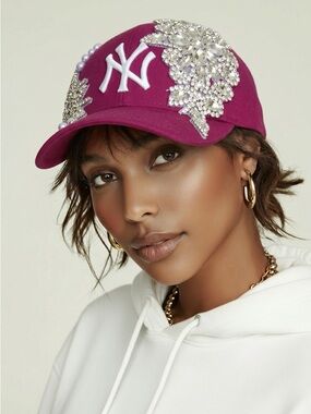 Upcycled Velcro close snapback NY yankee Cap with Crystal Appliqué